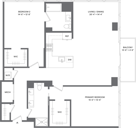 Floor plan for 2 beds, 2 baths, 1424 sqft